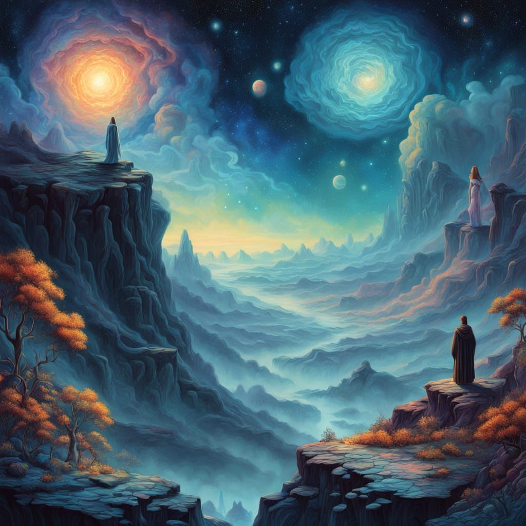 Mythic Figures Under Astral Sky in Surrealist Style