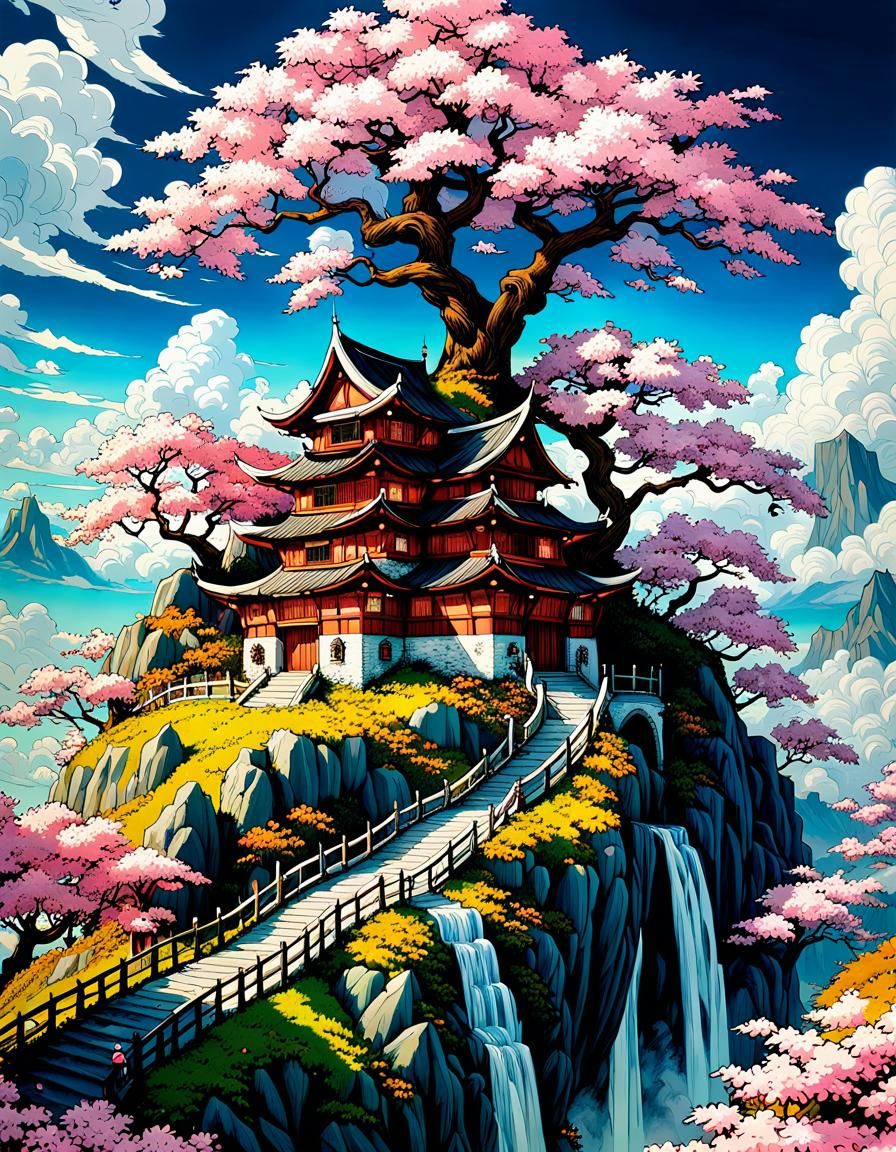 Cherry Tree Village Fantasy Landscape in Anime Style