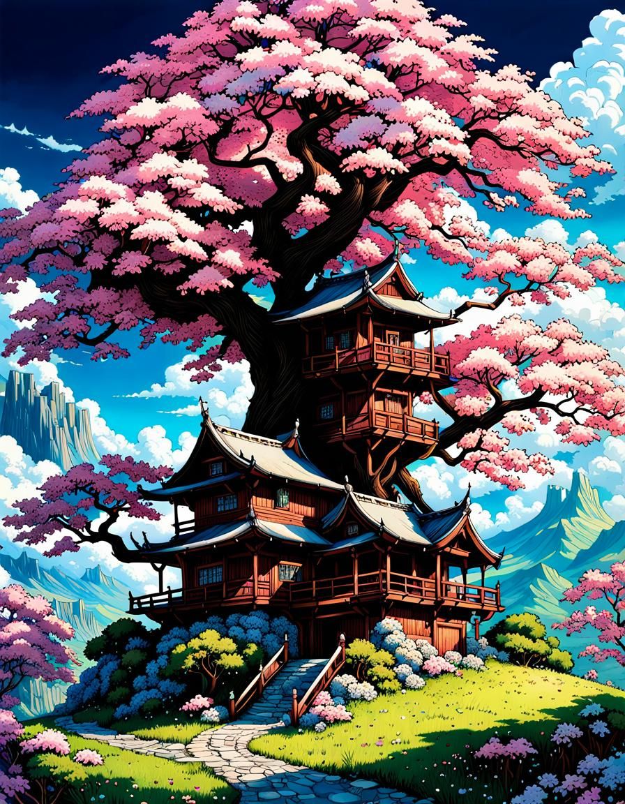 Cherry Tree Village: Fantasy Landscape in Polychromatic Styl...
