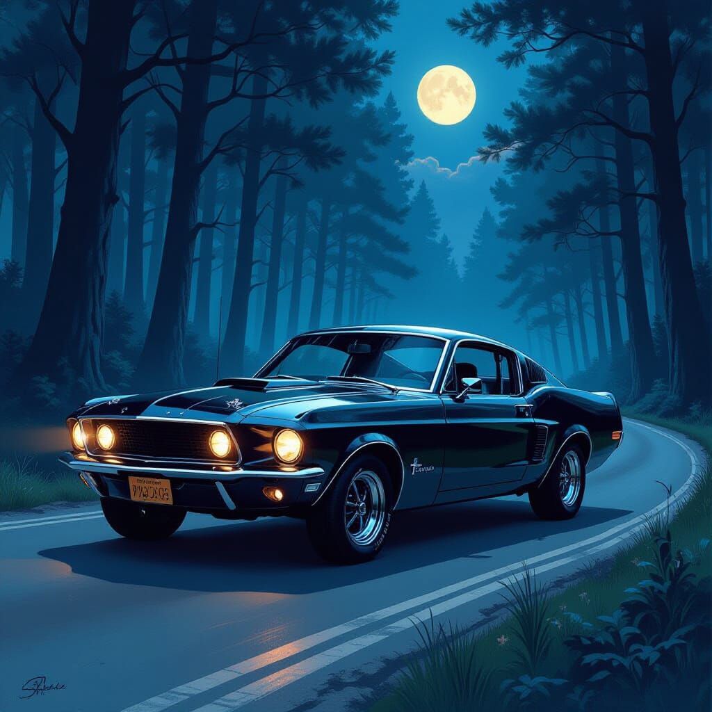 Vintage Muscle Car on Moonlit Enchanted Highway