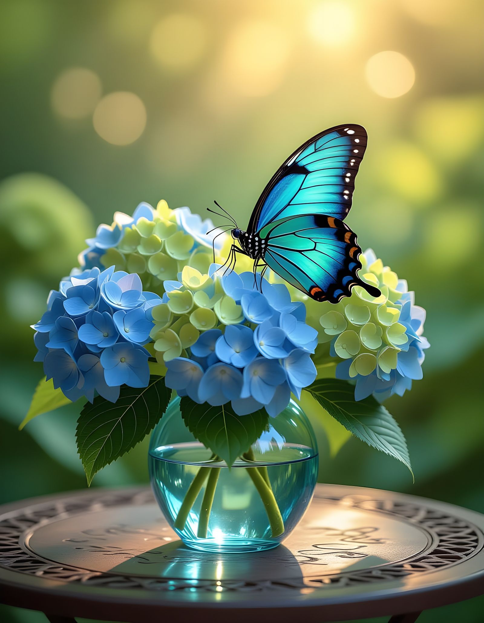 Vibrant Blue Morpho Butterfly on Hydrangeas in Garden