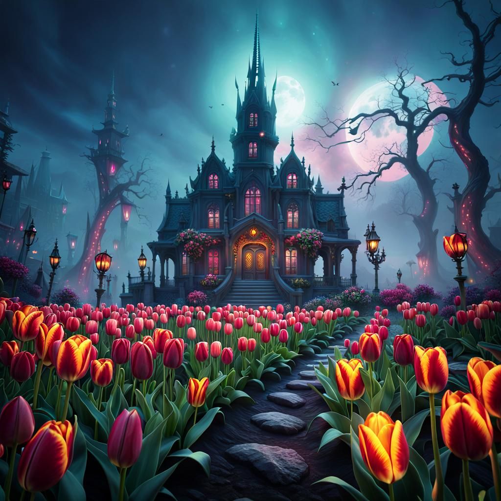 Eerie Alien Landscape with Skull Tulips