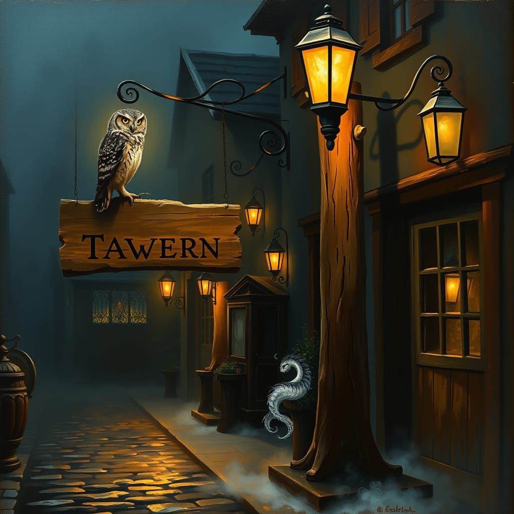 Solitary Owl at Rustic Tavern in Chiaroscuro Style
