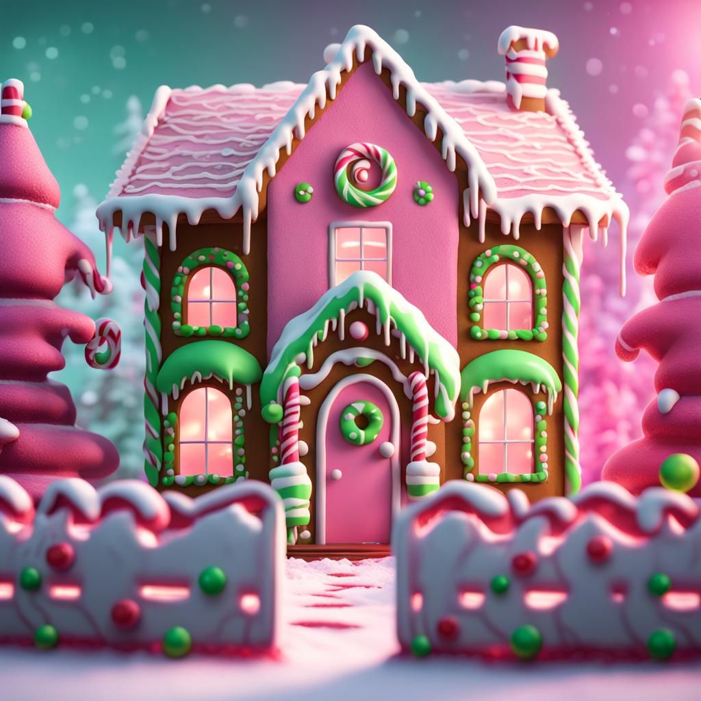 Pink Gingerbread Cottage with Candy Canes: 3D Digital Art
