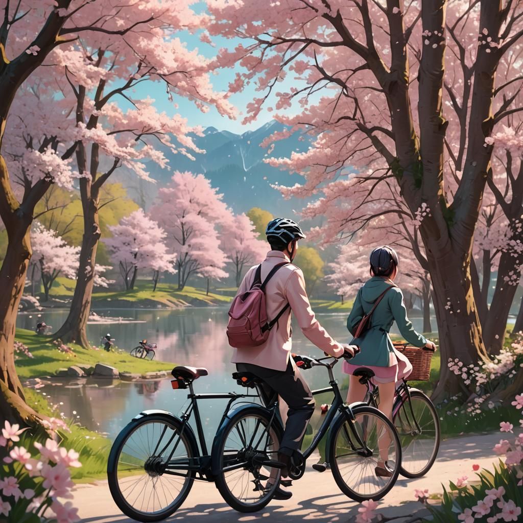 Couple Cycling Through Cherry Blossoms in Anime Style