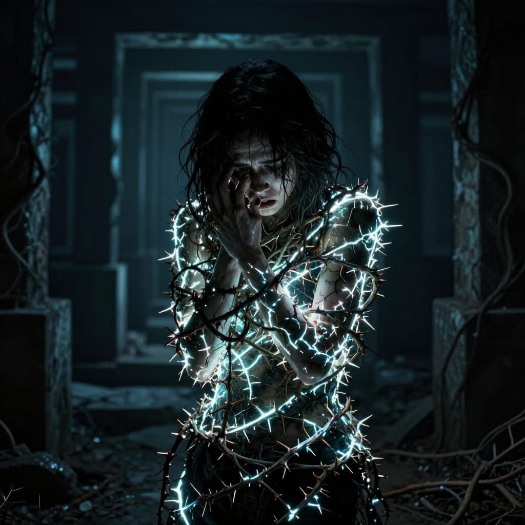 Surrealist Art of Entangled Struggle Under Neon Light