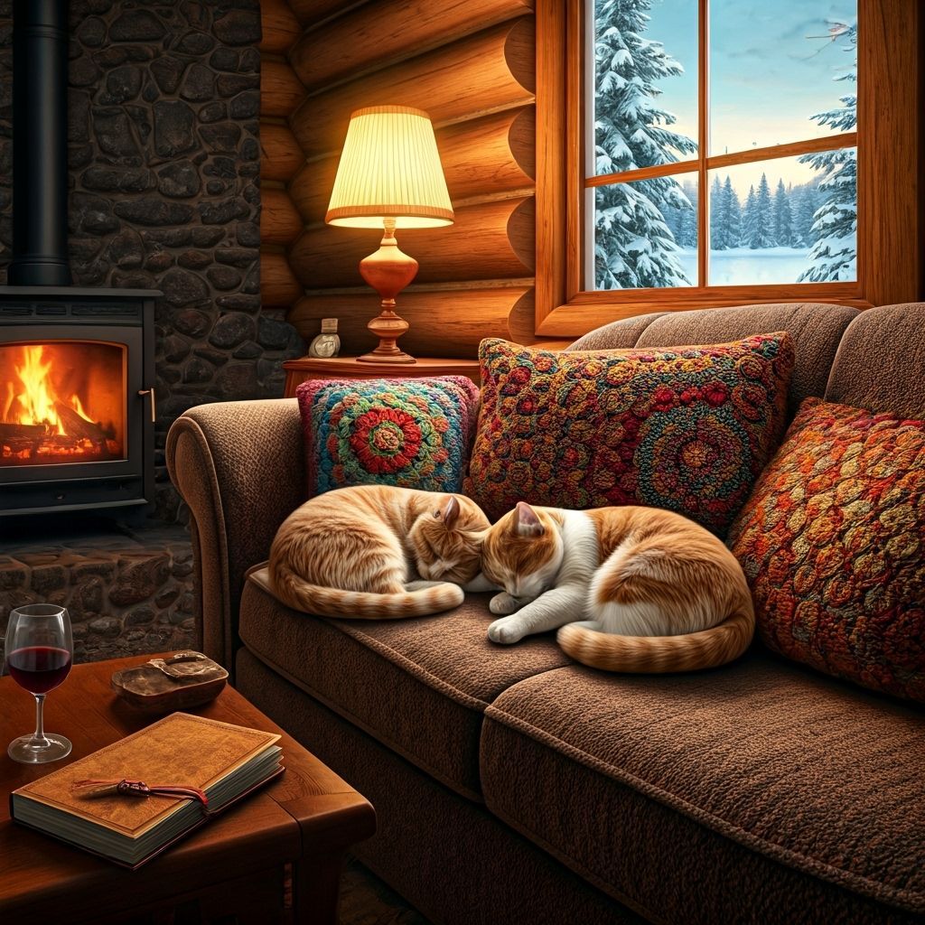 Cats Napping in Cozy Cabin, Hyperrealistic Style