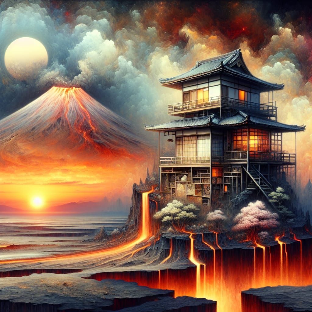 Volcano Apartment: Surreal Japanese Ink Drawing