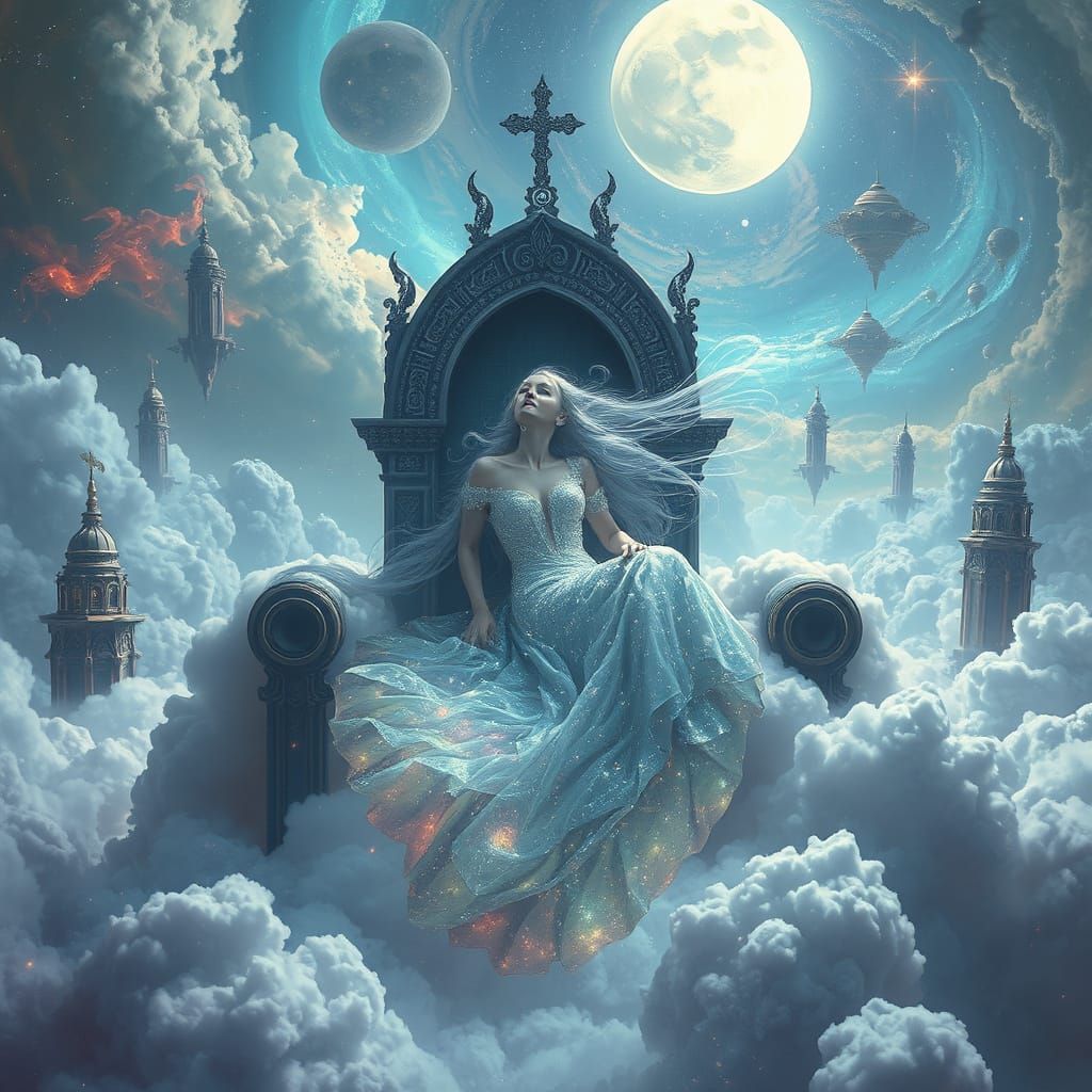 Divine Goddess Reigns Over Celestial Realm in Hyperrealistic...