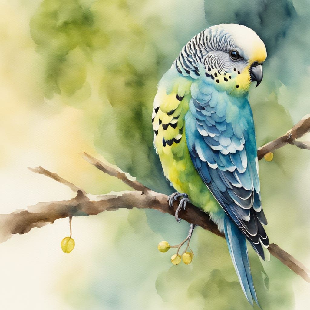 Delicate Watercolour Budgie on Branch