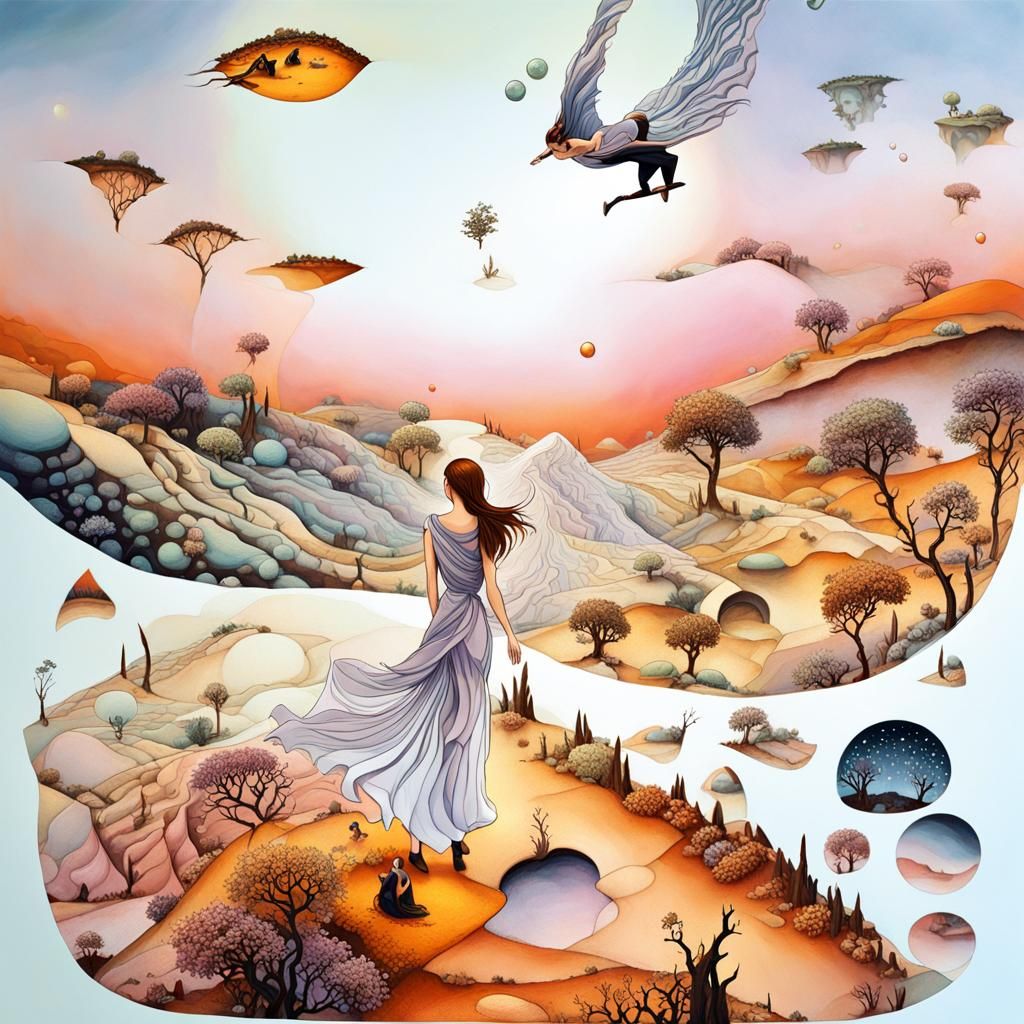 Ethereal Woman in Dreamlike Labyrinth