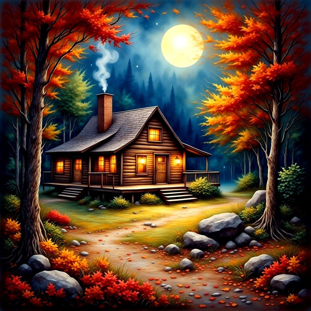 Autumn Relaxation Under the Stars in Watercolor Style