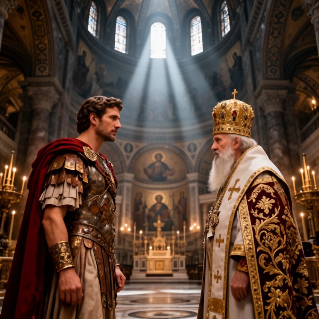 Roman Caesar Meets Byzantine Pope in Grand Cathedral