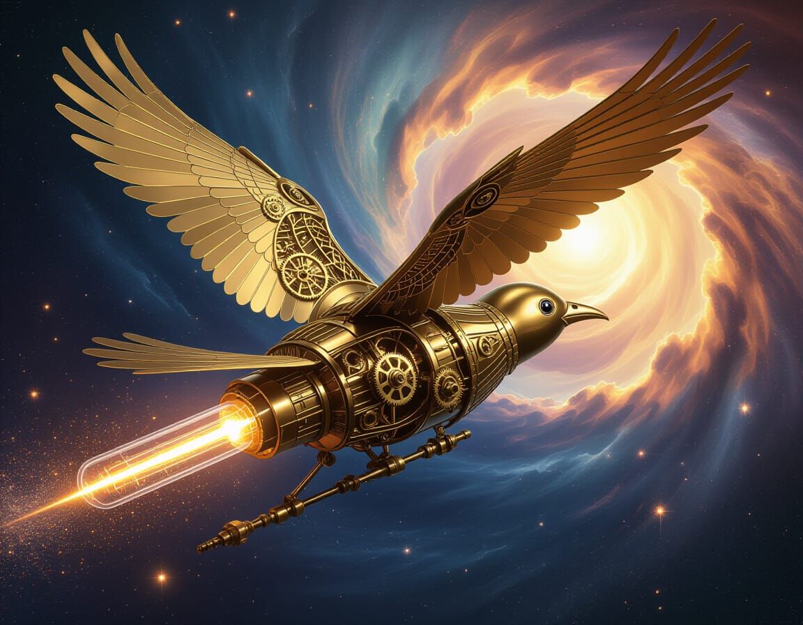 Steampunk Brass Bird Soars Through Celestial Expanse