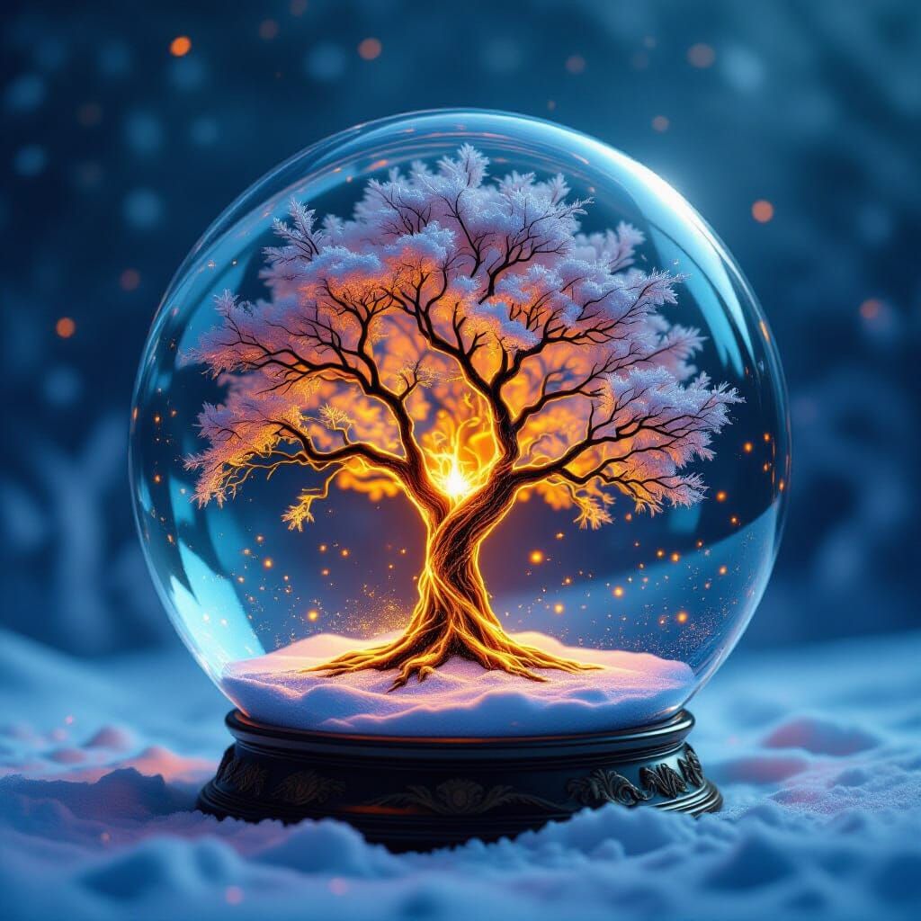Surreal Tree of Fire and Ice in Snow Globe
