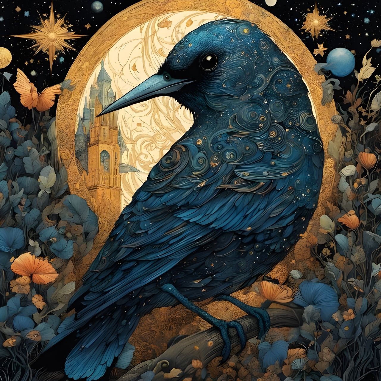 Starry Night Bird Fantasy, Detailed Digital Art