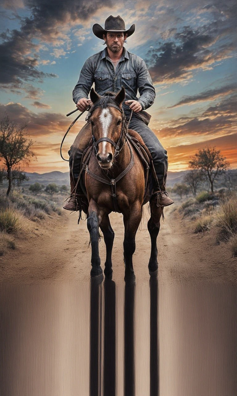 Cowboy Rides Horse on Dusty Trail at Sunset in Oil and Charc...