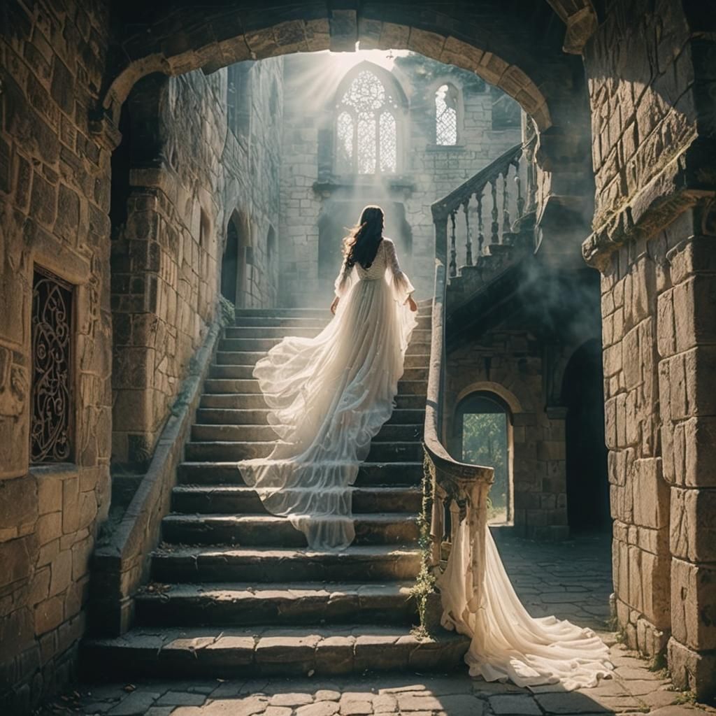 Ghostly Lady in Medieval Castle: Cinematic Film Still