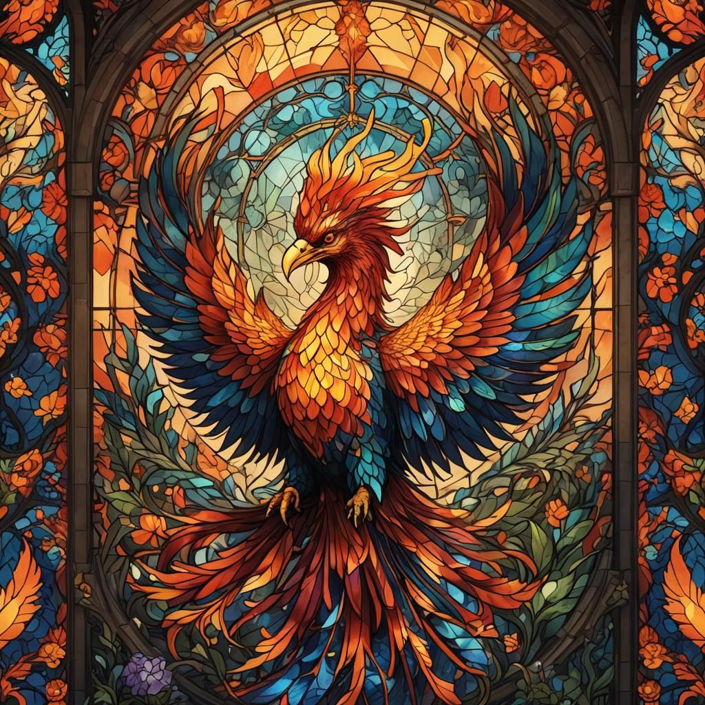Majestic Phoenix in Stained Glass Style