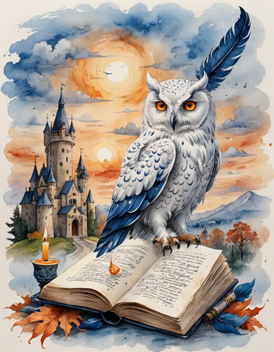 Wise Owl with Calligraphy Book, Watercolor Autumn