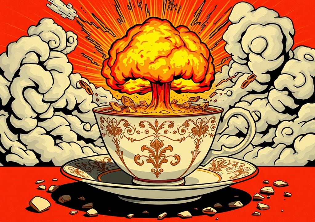 Nuclear Explosion from Teacup in Cartoon Style