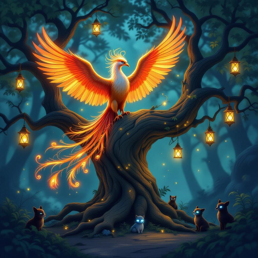 Majestic Phoenix Perched Atop Ancient Tree