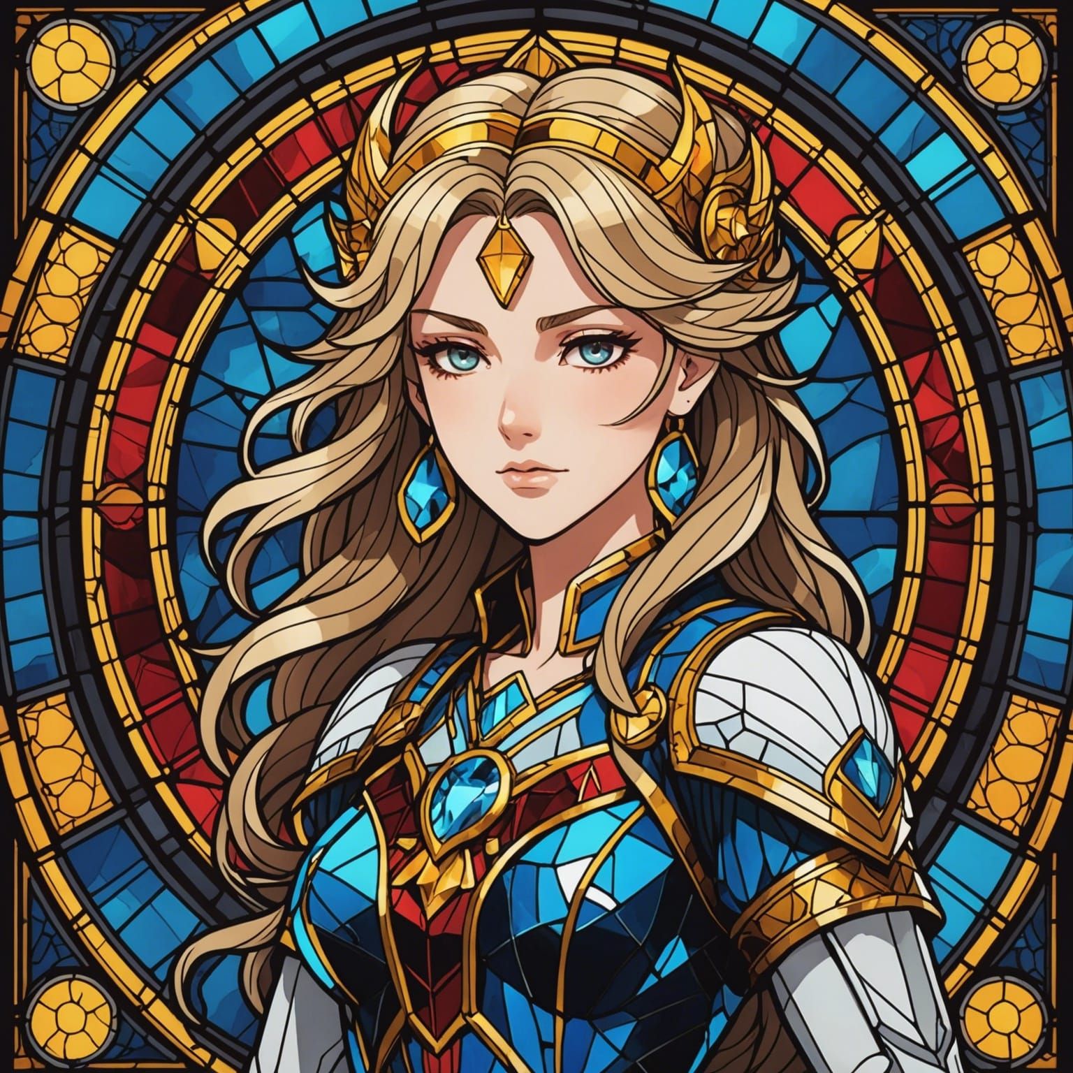 Stained Glass Anime Goddess in Cel-Shaded Style