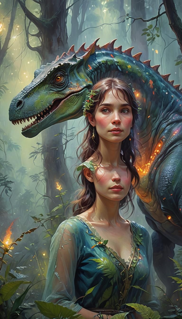 Dinosaur-Woman Hybrid in Ethereal Fauvist Forest