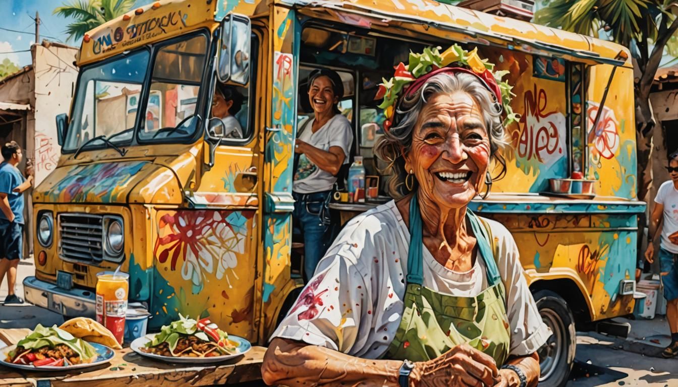Colorful Taco Truck Painting with Steaming Mexican Food