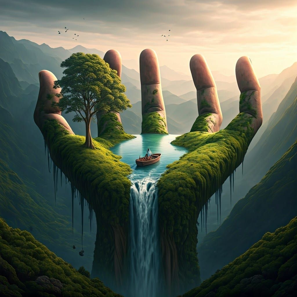 Surreal Landscape: Giant Hand Emerges from Earth