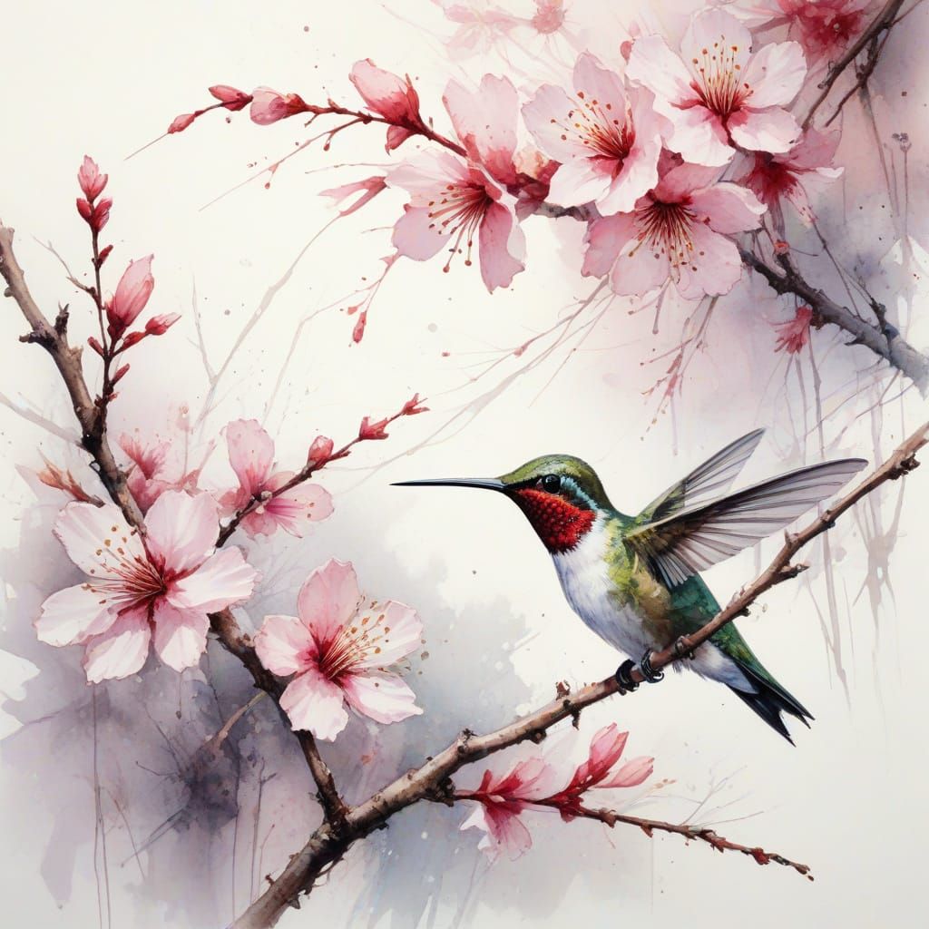 Misty Woodland Glade with Ruby-Throated Hummingbird in Water...