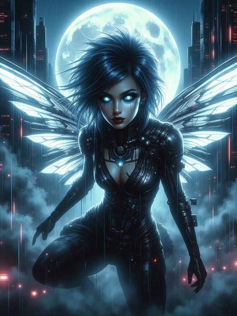 Cybernetic Fairy in Cyberpunk Cityscape Splash Art