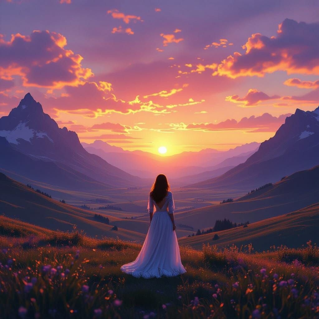 Dreamlike Sunset Valley with Serene Woman