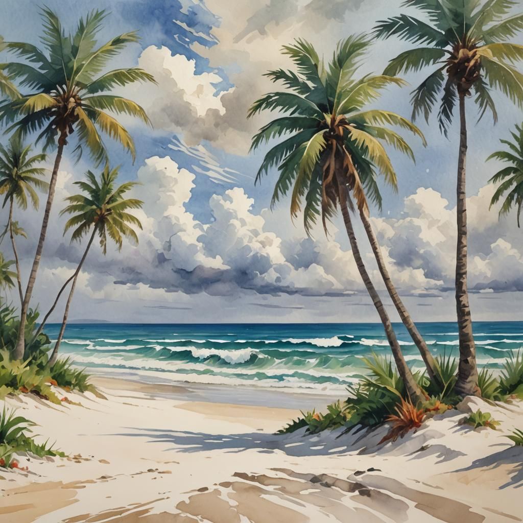 White Sand Beach in Gouache Watercolor Style