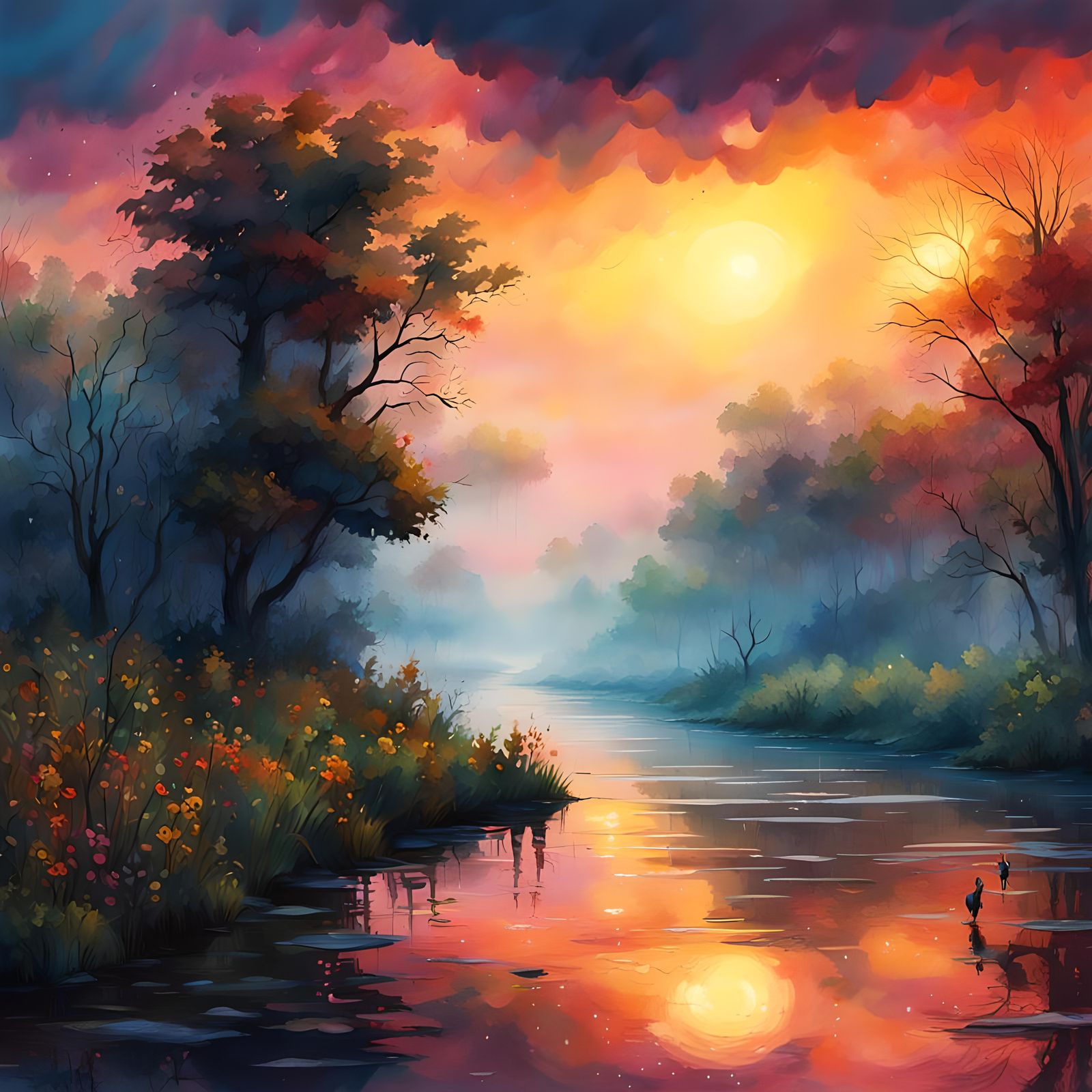 Rainy Dawn Riverbank in Watercolour Painting