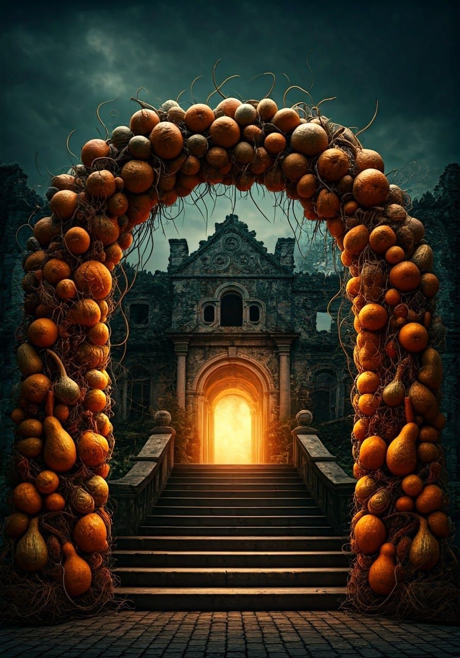 Gourd Archway to Haunted Mansion in Surreal Style
