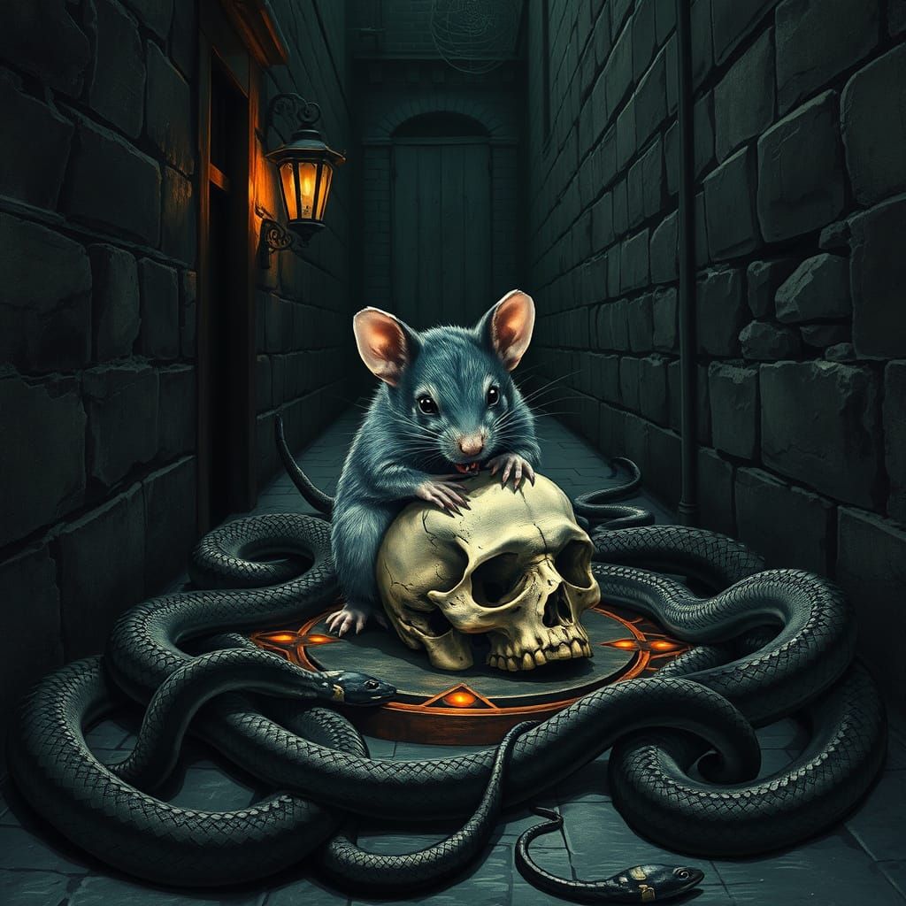 Cute Rat in Satanic Circle, Eldritch Art Nouveau Style