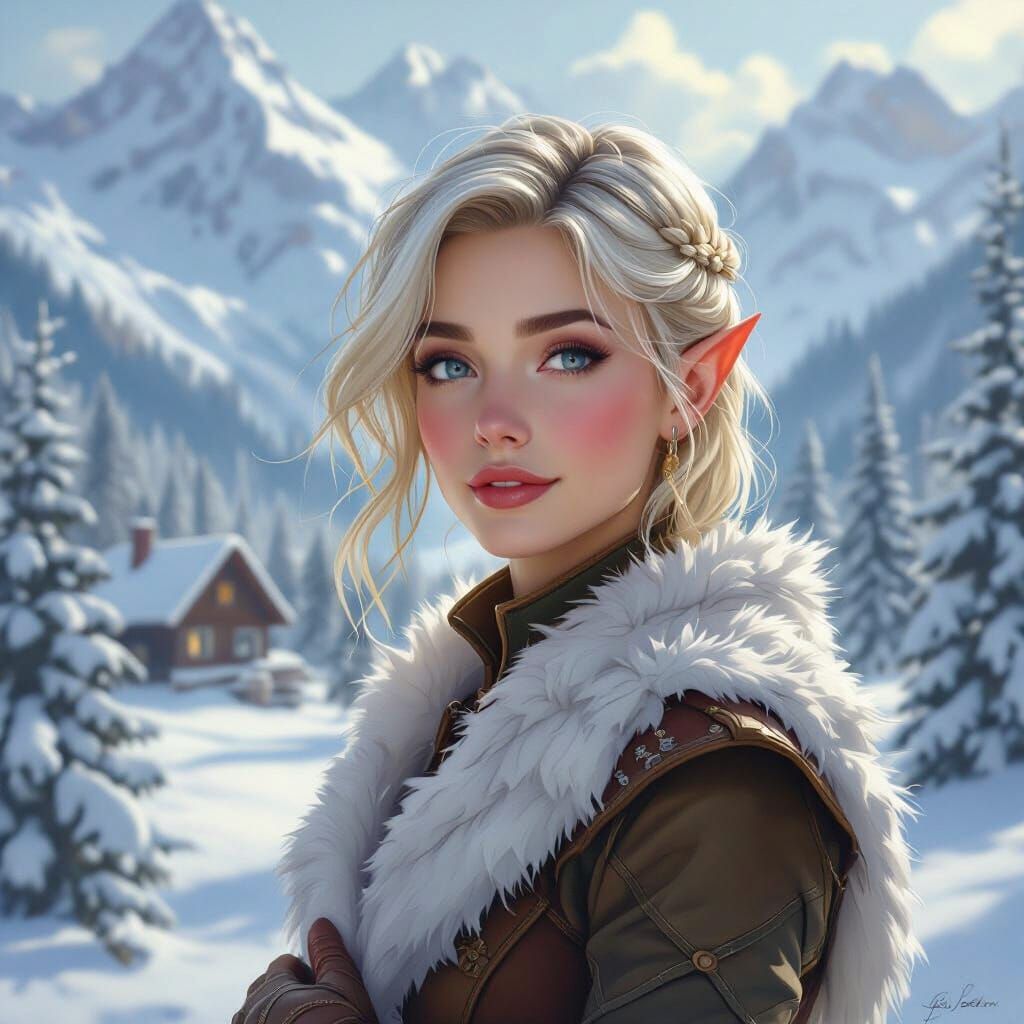 Elven Couple Embrace in Snowy Forest