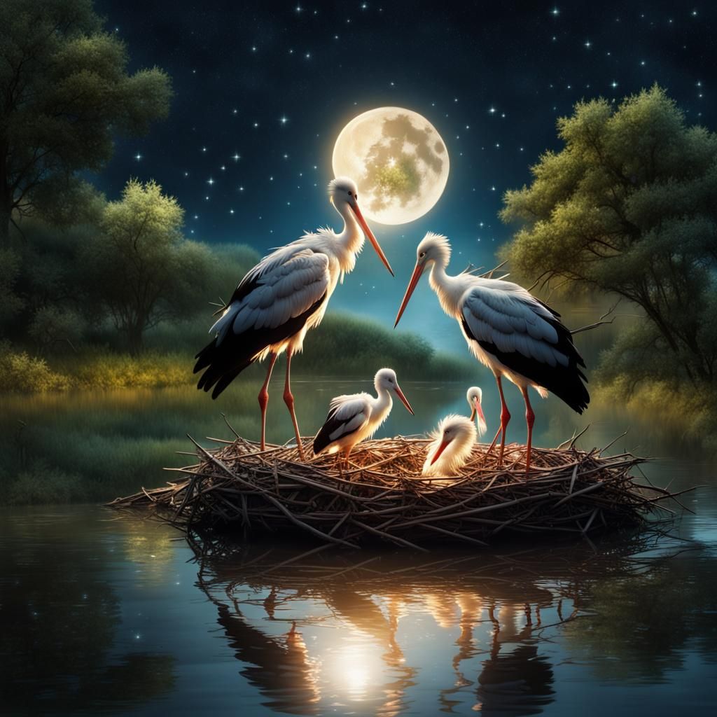 Storks Nesting Under a Starry Sky