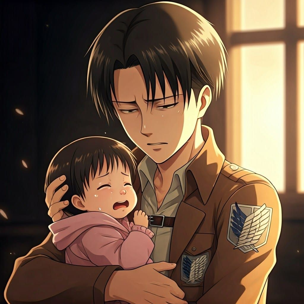 Levi Ackerman Cradling a Baby in Anime Style