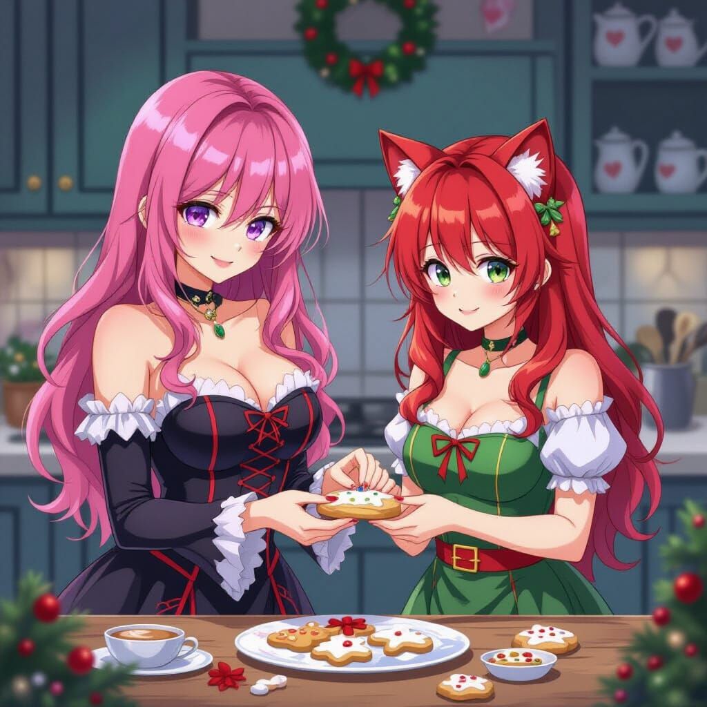 Anime Holiday Scene: Women Decorating Cookies