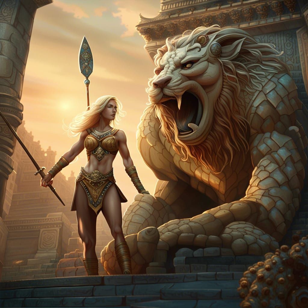 Amazon Warrior and Gorgon Guard at Temple Entrance