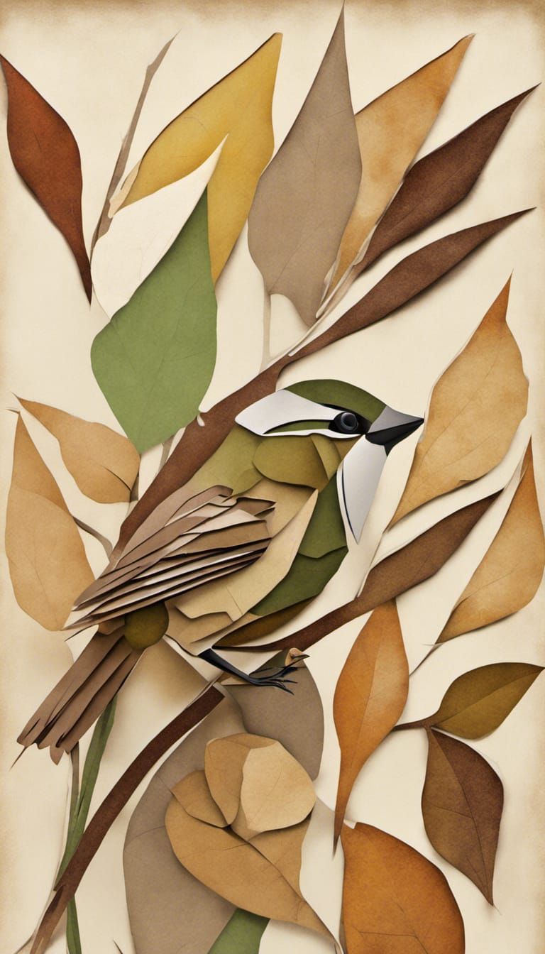 Autumn Leaves and Sparrow: 3D Abstract Cubist Collage
