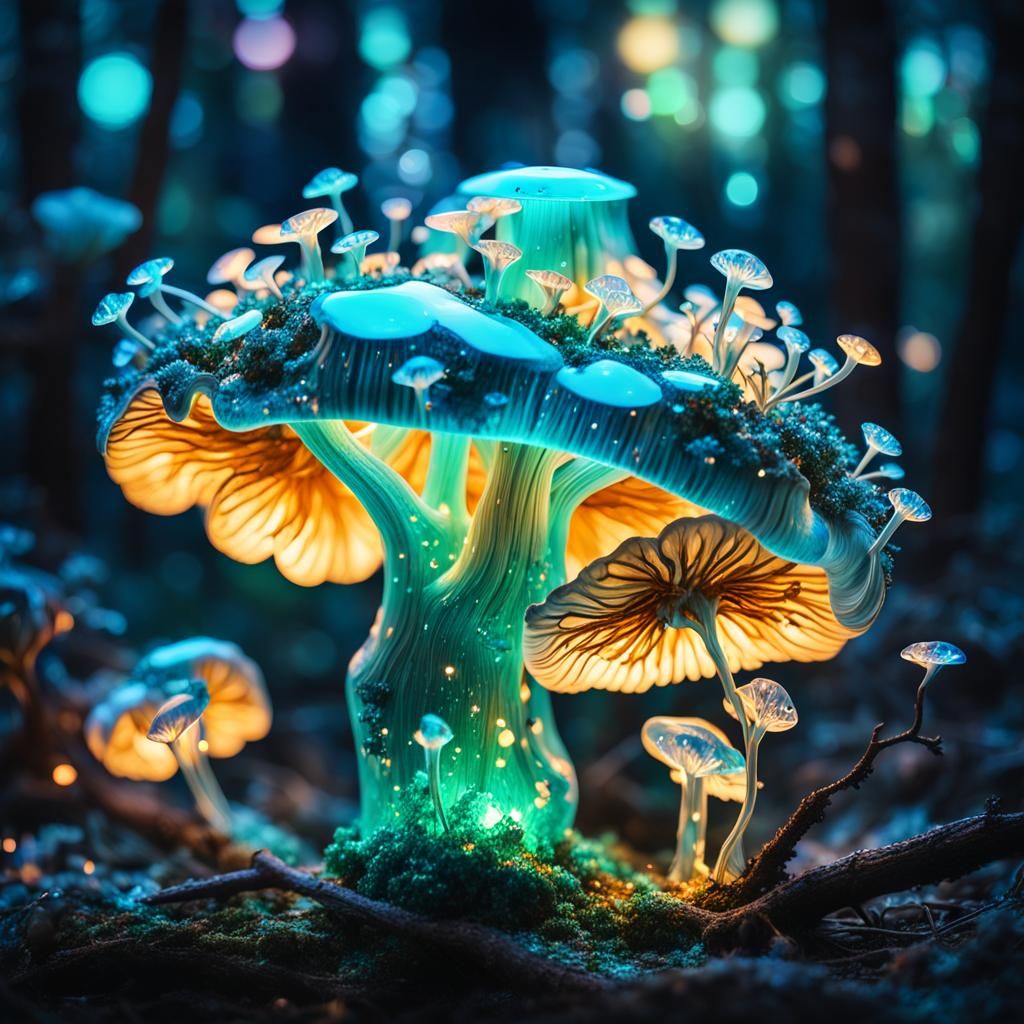 Bioluminescent Mushroom Sculpture in Jade Crystal Glass