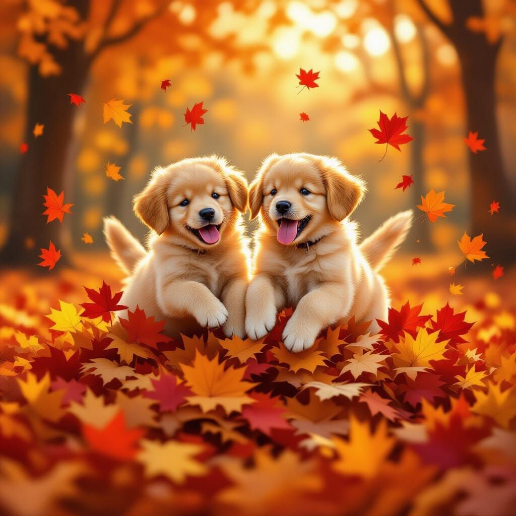 Joyful Golden Retriever Puppies Playing in Autumn Leaves