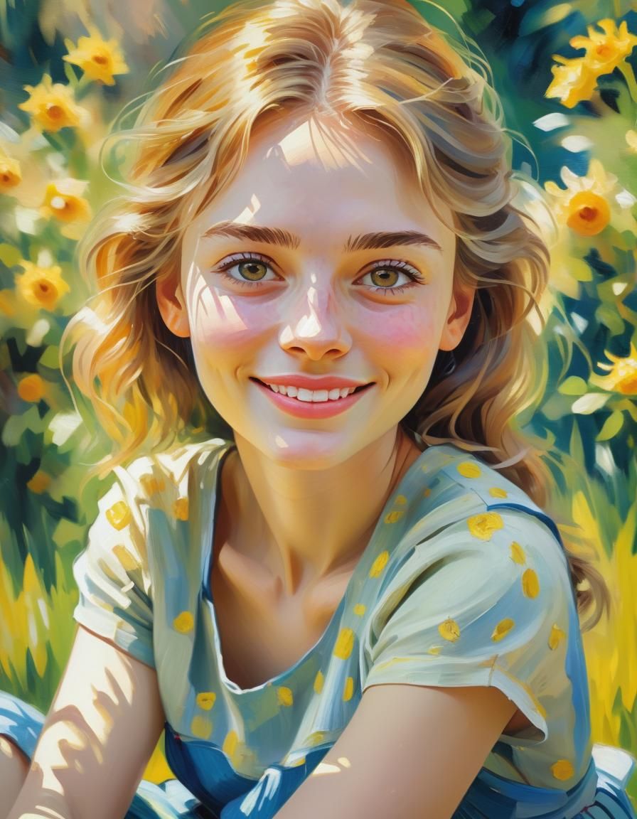Gentle Girl Sits in Sunny Garden, Impressionist Style