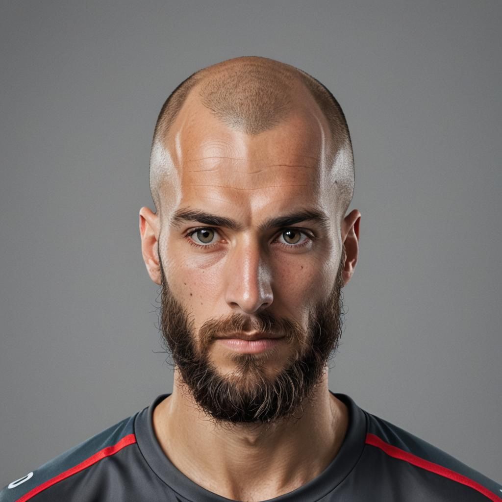 Detailed Studio Portrait of Bald Bearded Soccer Player