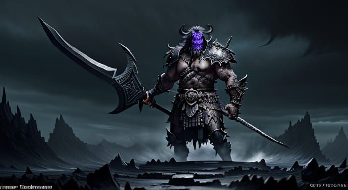 Barbarian Warrior Before Obsidian Gate in Dark Fantasy Oil P...