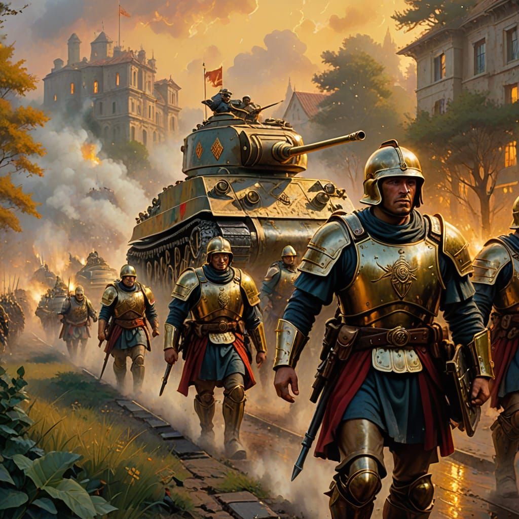 Roman Legionnaires and Sherman Tank, Fantasy Digital Art