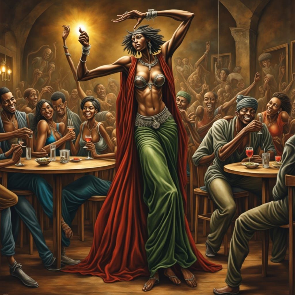 Tiefling Belly Dancer in Persian Tavern Oil Painting